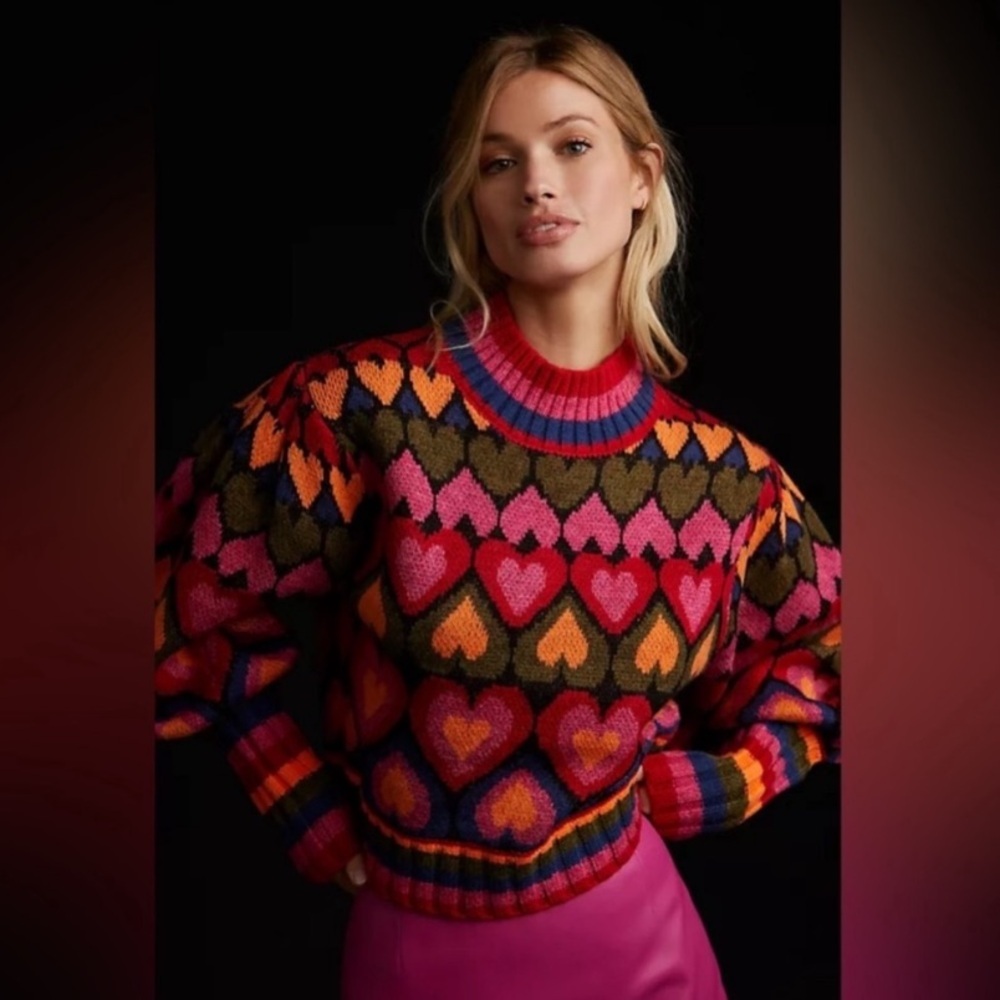 Anthropologie Multicolor Heart Pattern Sweater - Pink, Red, Orange, Olive, Blue